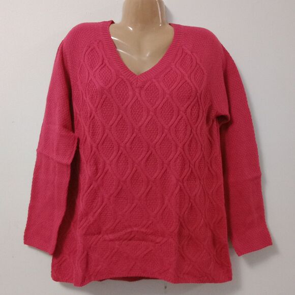 89th & Madison Vibrant Pink V-Neck Textured Pullover Sweater Size Medium - Picture 2 of 8